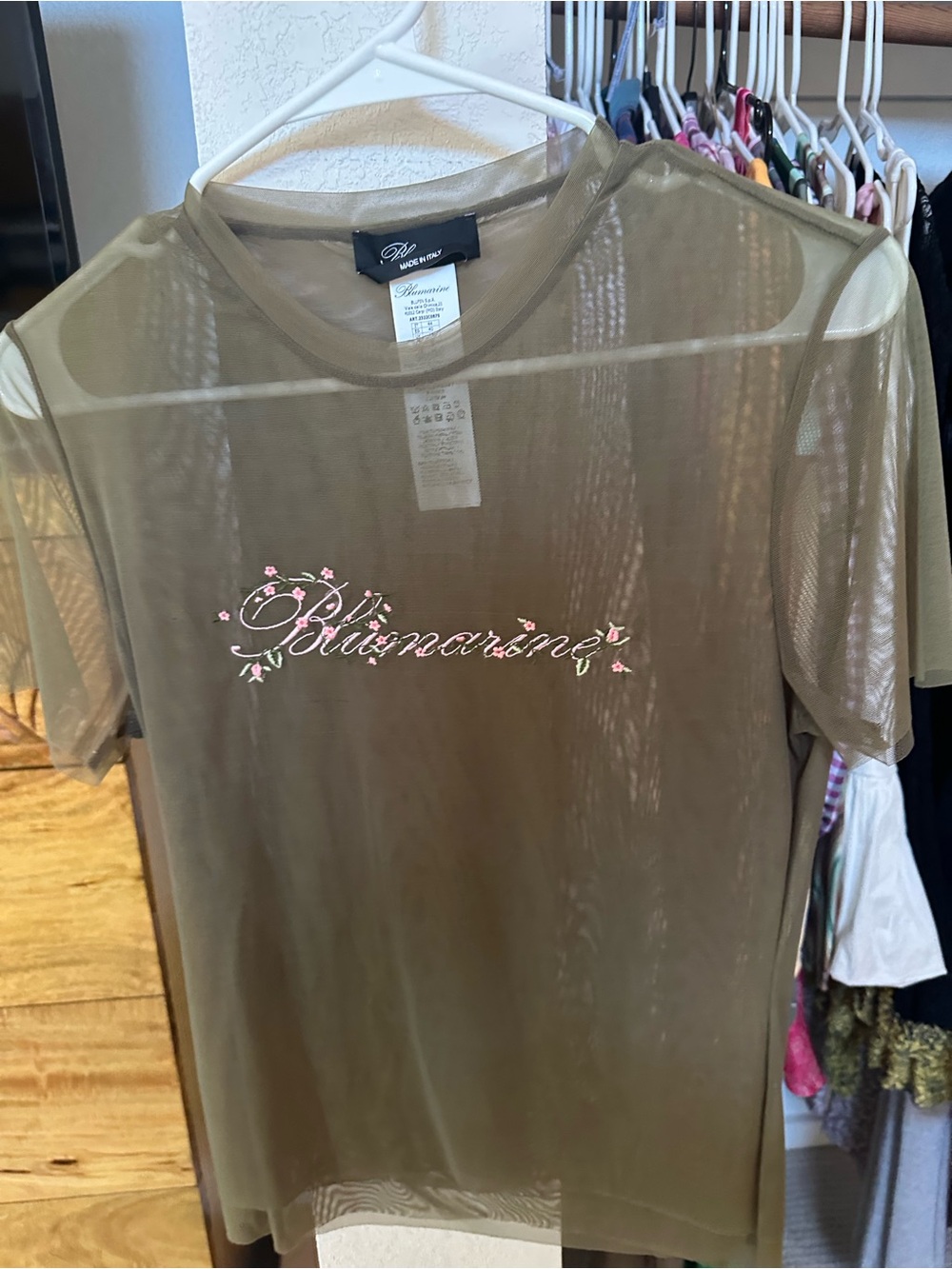 Blumarine Olive Sheer Short-Sleeve Tee with Pink Embroidered Script